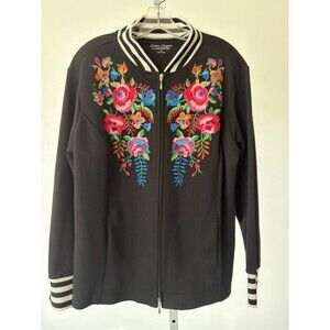 Linea Leisure Floral Embroidered Varsity Jacket Boho Black Multi Plus 1X